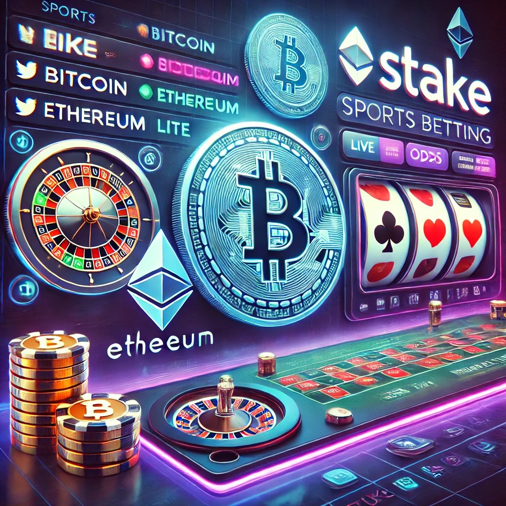 Stake online casino platformunu gösteren modern bir arayüz, kripto para simgeleri (Bitcoin, Ethereum, Litecoin), spor bahisleri bölümü, canlı oranlar, rulet masası ve slot makineleri ile birlikte. Köşede Stake’in güncellemeleri için bir Twitter simgesi bulunuyor